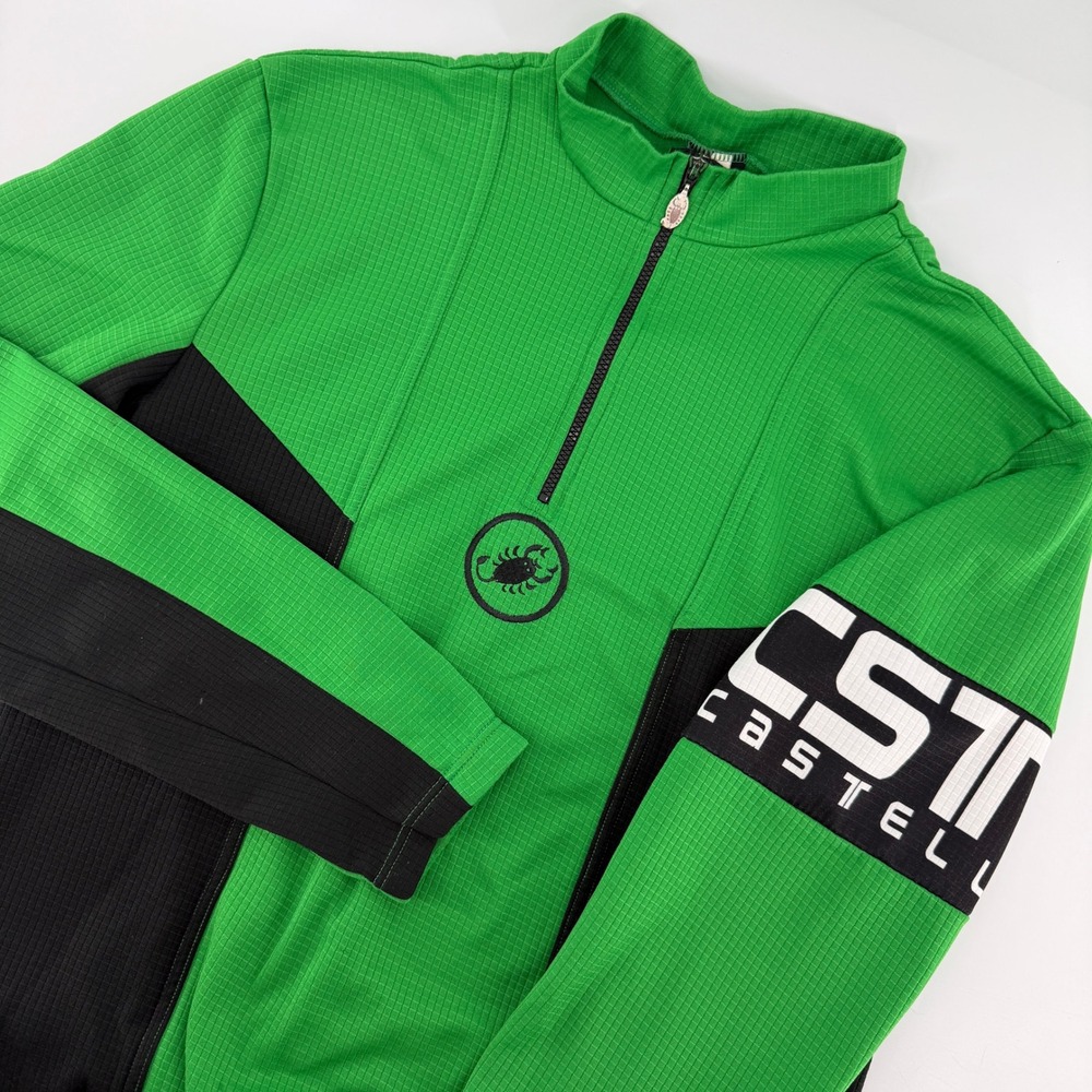 Castelli Cycling Jersey Mens L Green Black 1/4 Zip Long Sleeve Waffle Knit Italy